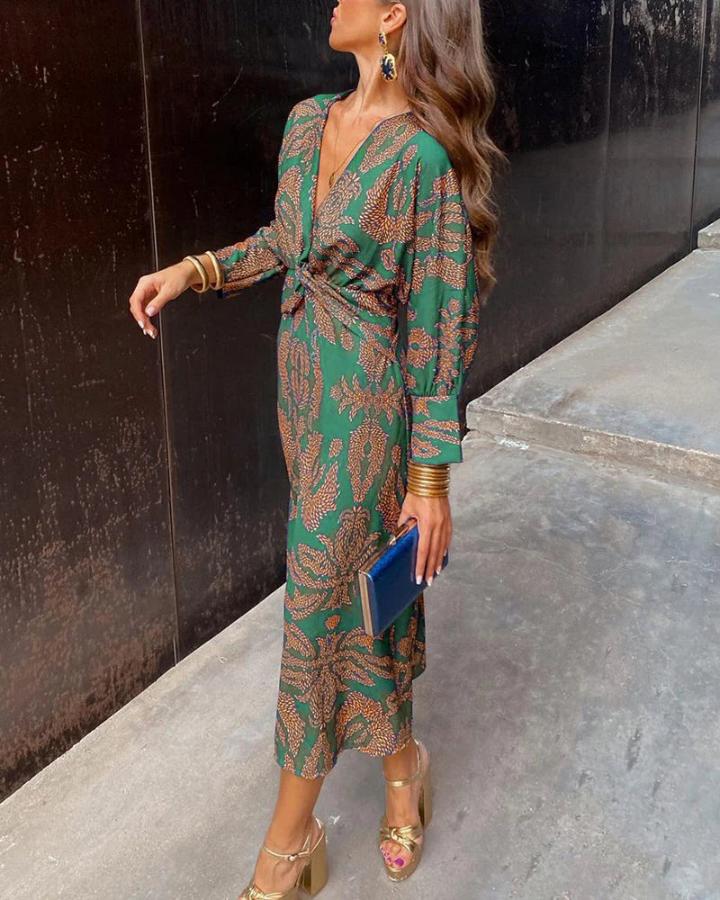 Kathy - Elegant Long Sleeve Floral Print Dress